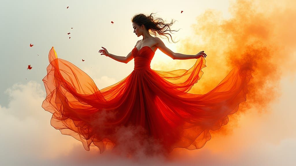 Dancing Woman in Flames with Flowing Smoke Dress