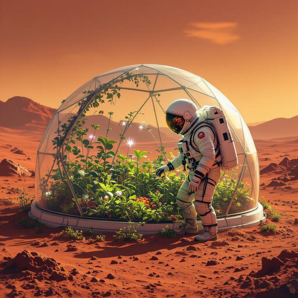 Astronaut's Martian Garden in Sci-Fi Style