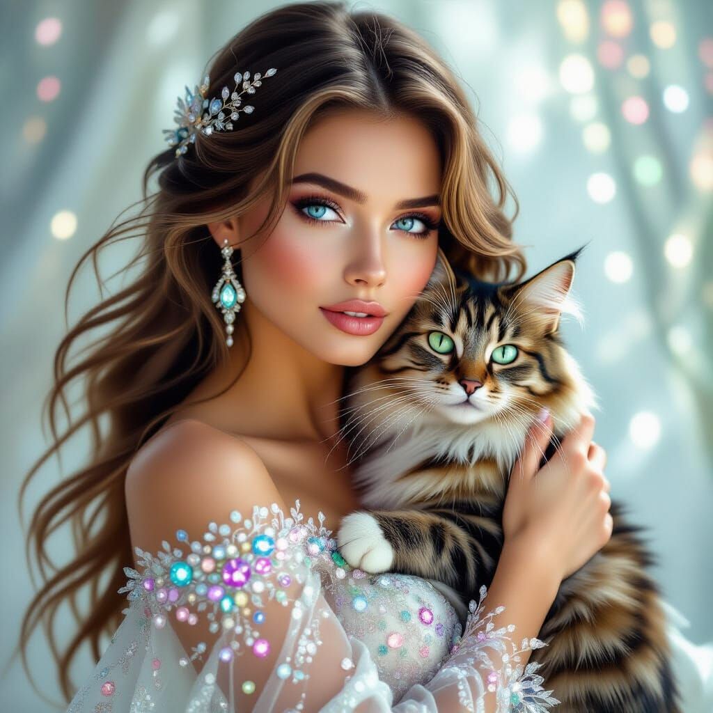 Woman in Starlight Gown with Cat, Hyperrealistic Digital Art