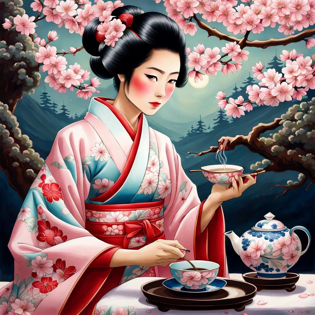 Japanese Woman's Tea Ceremony with Cherry Blossoms