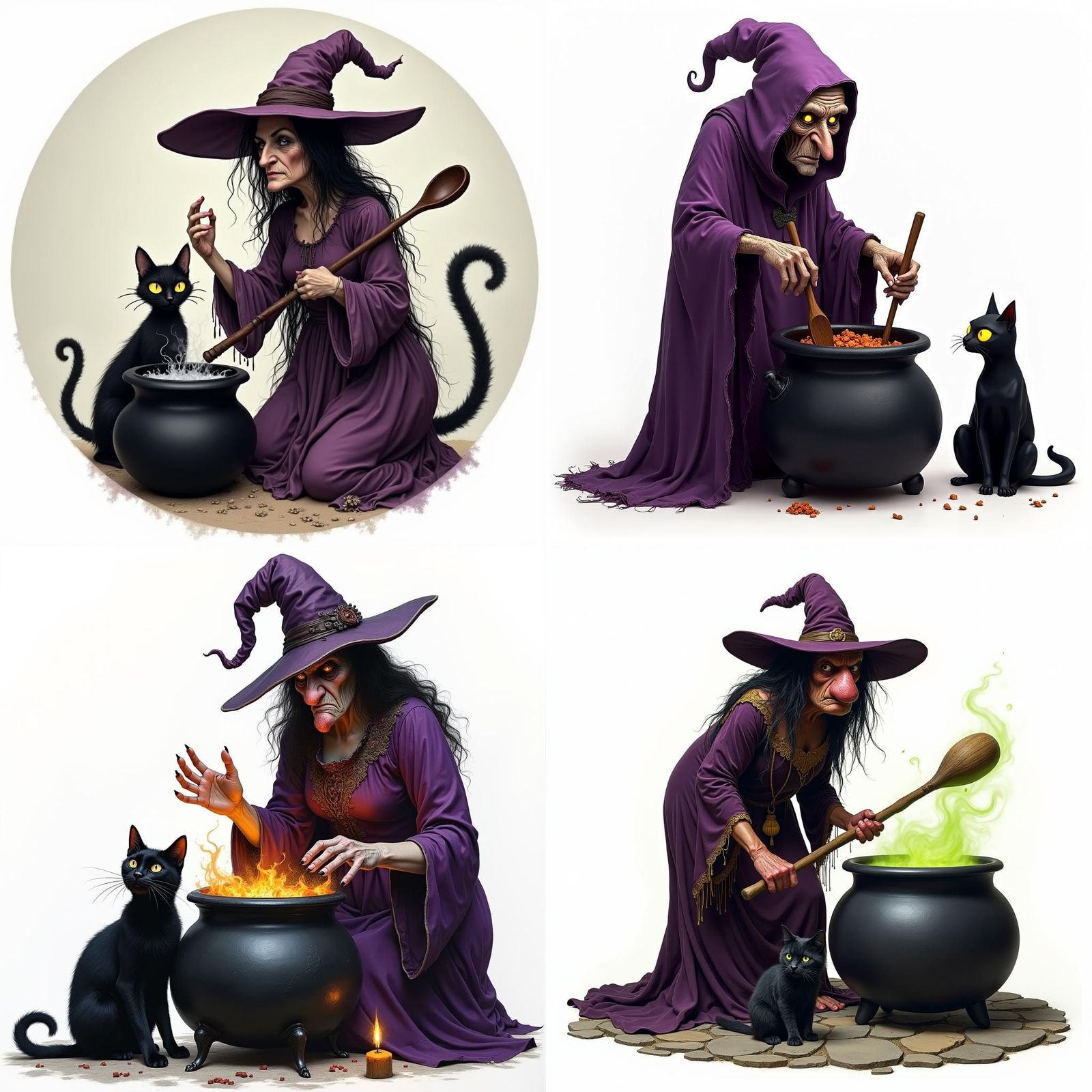 Classic Witch Stirring Cauldron with Black Cat