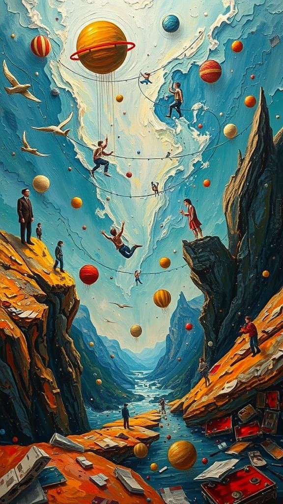 Impasto Painting of Surreal World Without Gravity