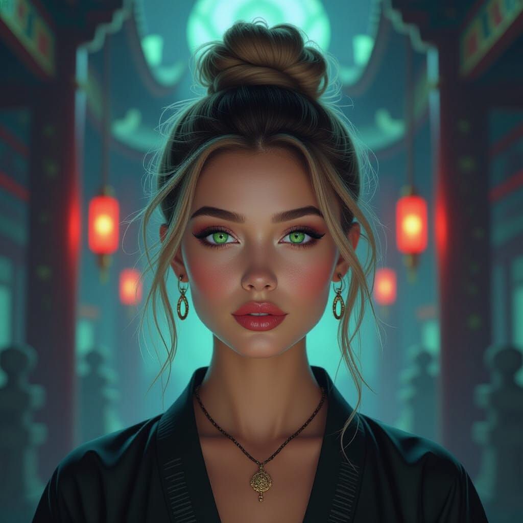 Cyberpunk Beauty in Ancient Temple