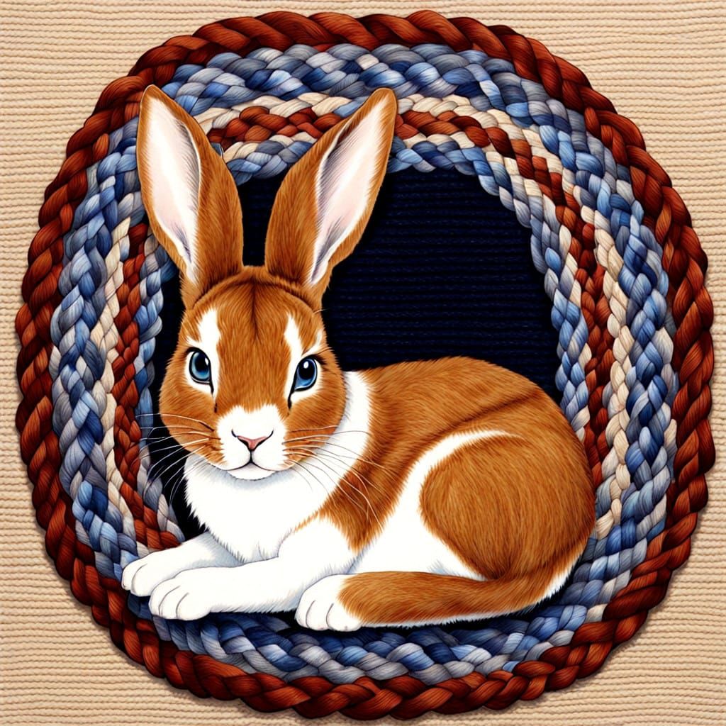 Calico Bunny Basks on Cozy Braided Rug