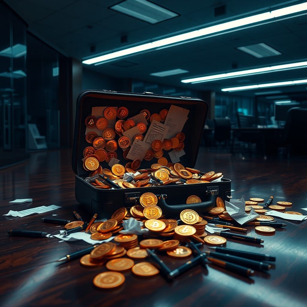 Bitcoin Briefcase Spills in Dystopian Office