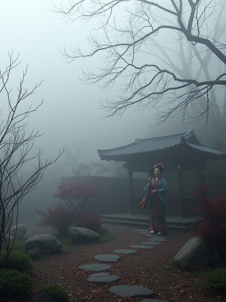 Ethereal Geisha in Misty Japanese Zen Garden