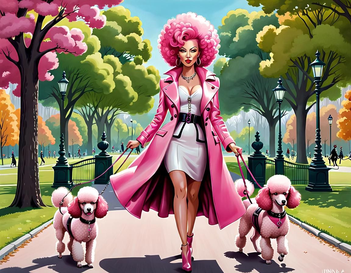 Woman with Poodle Hair Walking Dogs