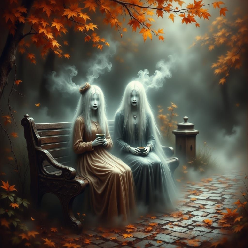 Ghosts Enjoying Coffee on Autumn Day