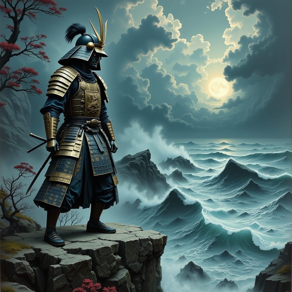 Samurai Warrior on Stormy Cliff: Ink Wash Painting