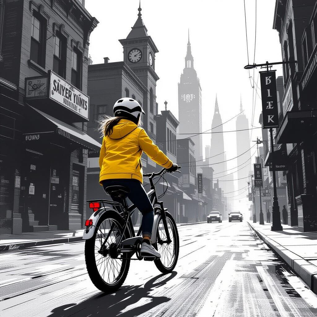 Girl in Yellow Jacket Rides Through Monochrome Town