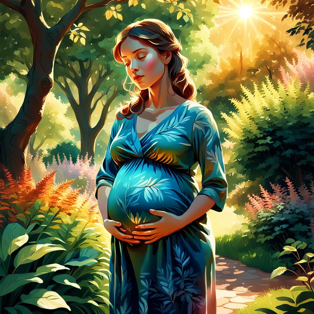 Pregnant Woman in Serene Garden: Digital Art
