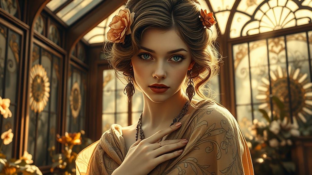 Ethereal Art Nouveau Beauty Adorned in Sunlit Stained Glass