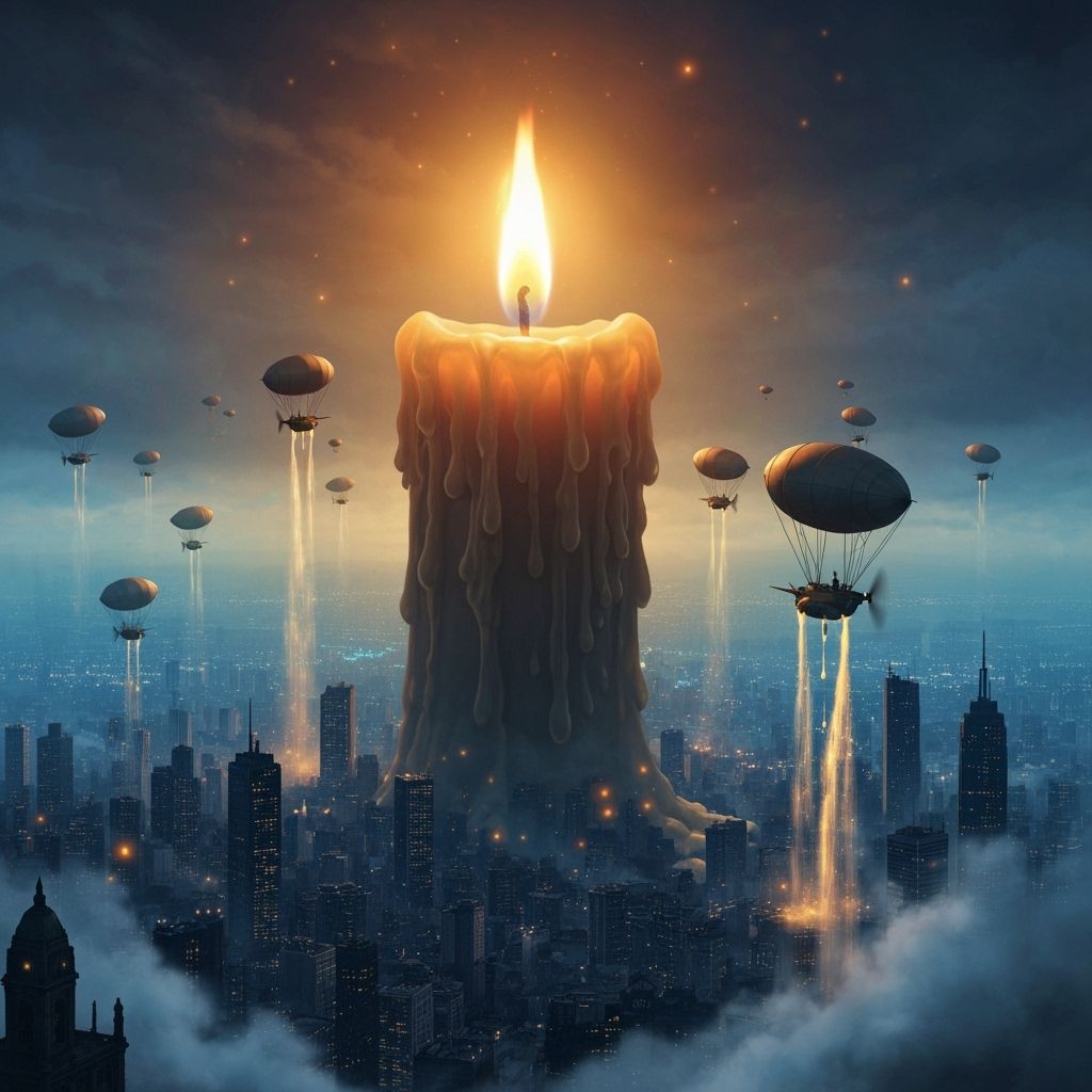Giant Candle Over City Skyline with Airships