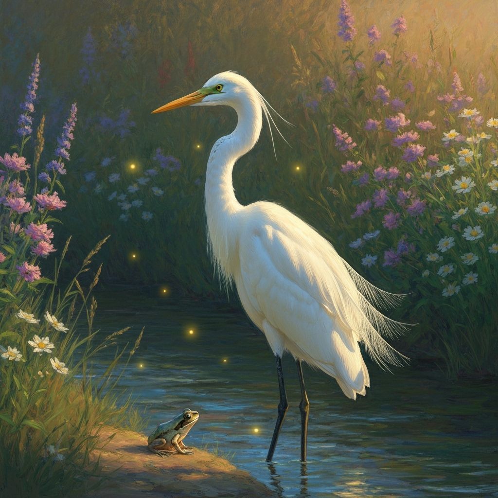 Egret and Frog by Serene Stream in Monet Style