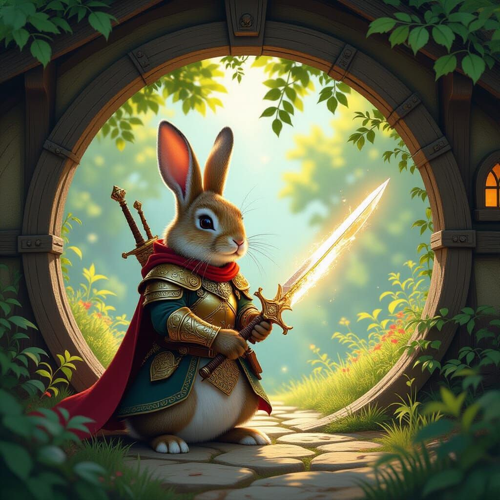 Rabbit Knight in Golden Armor Guards Hobbit Hole