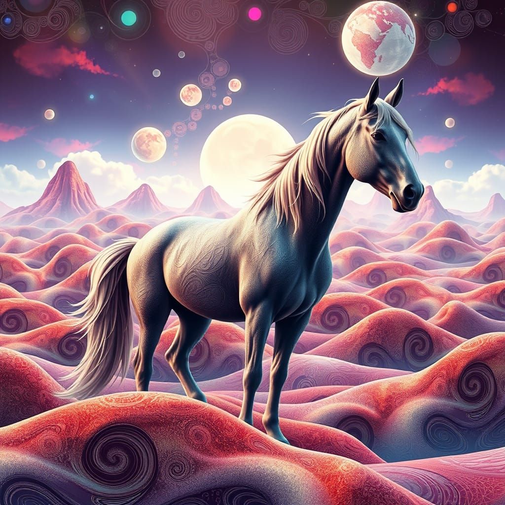 Elegant Horse in Fractal Cyberpunk Landscape