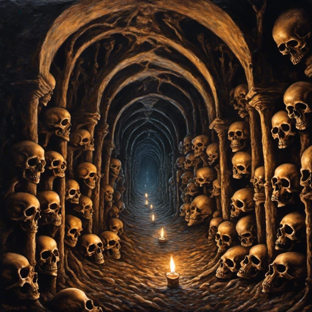 Eerie Candlelit Catacombs: A Gothic Horror Painting