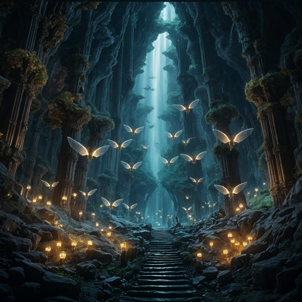 Faery Realm: Luminescent Fairies in Subterranean Cavern