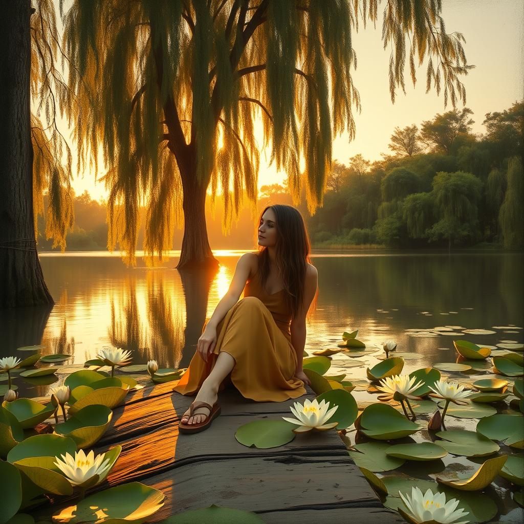 Woman by Lake at Sunset in Classic Style
