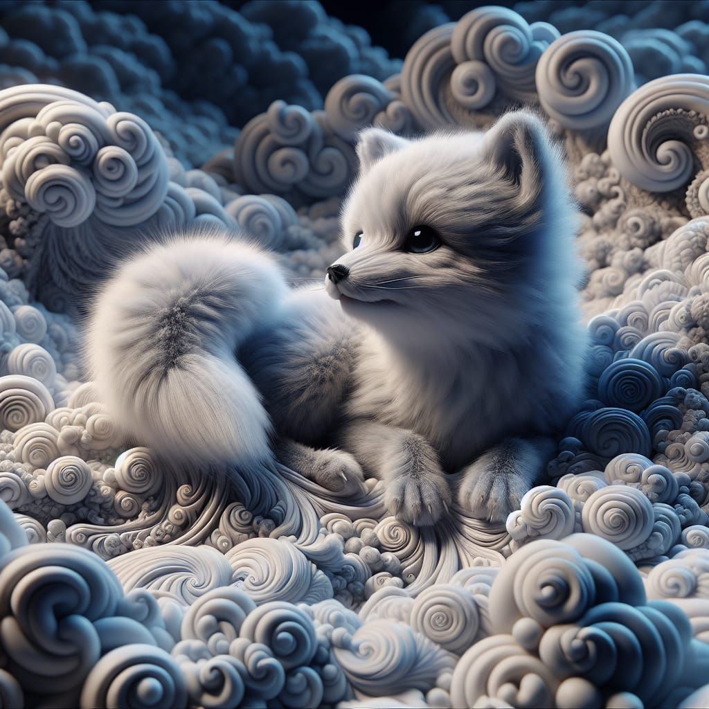 Adorable Fox Cub in Fantastical Cloudscape, 3D Render