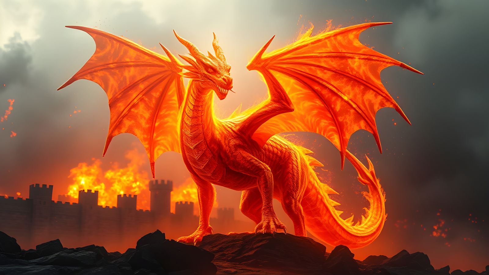 Translucent Dragon in Fiery Cinematic Scene
