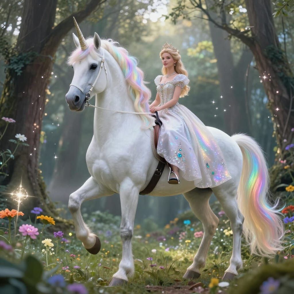 Majestic Unicorn with Princess in Enchanted Forest