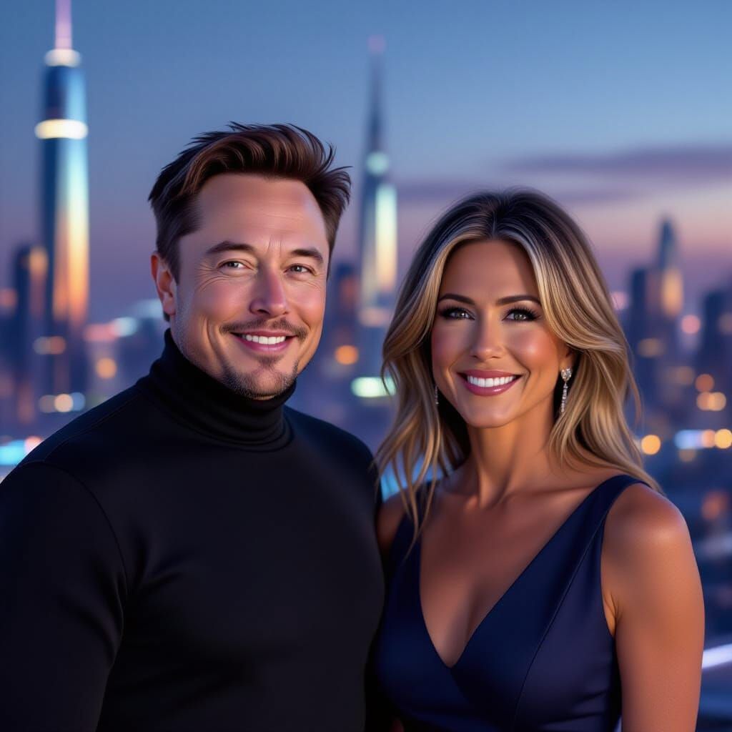 Elon Musk and Jennifer Aniston in Futuristic Cityscape