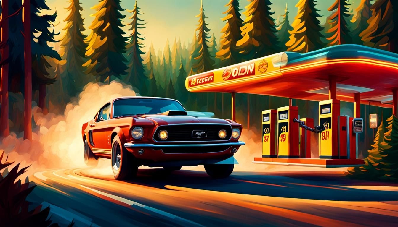 Mustang Jumps in Forest Petrol Station: Impressionistic Conc...