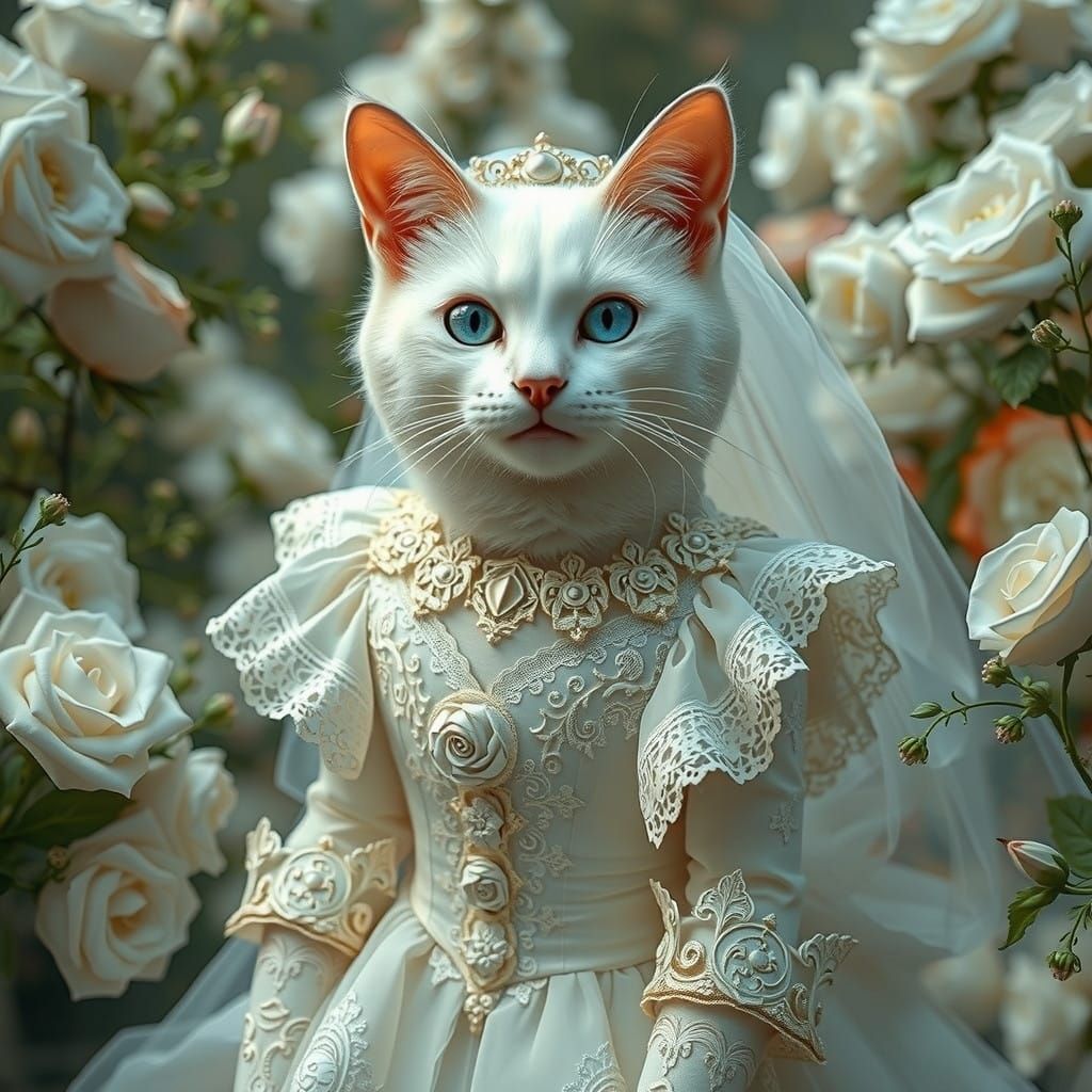 Ethereal Feline Bride in a Whimsical Garden
