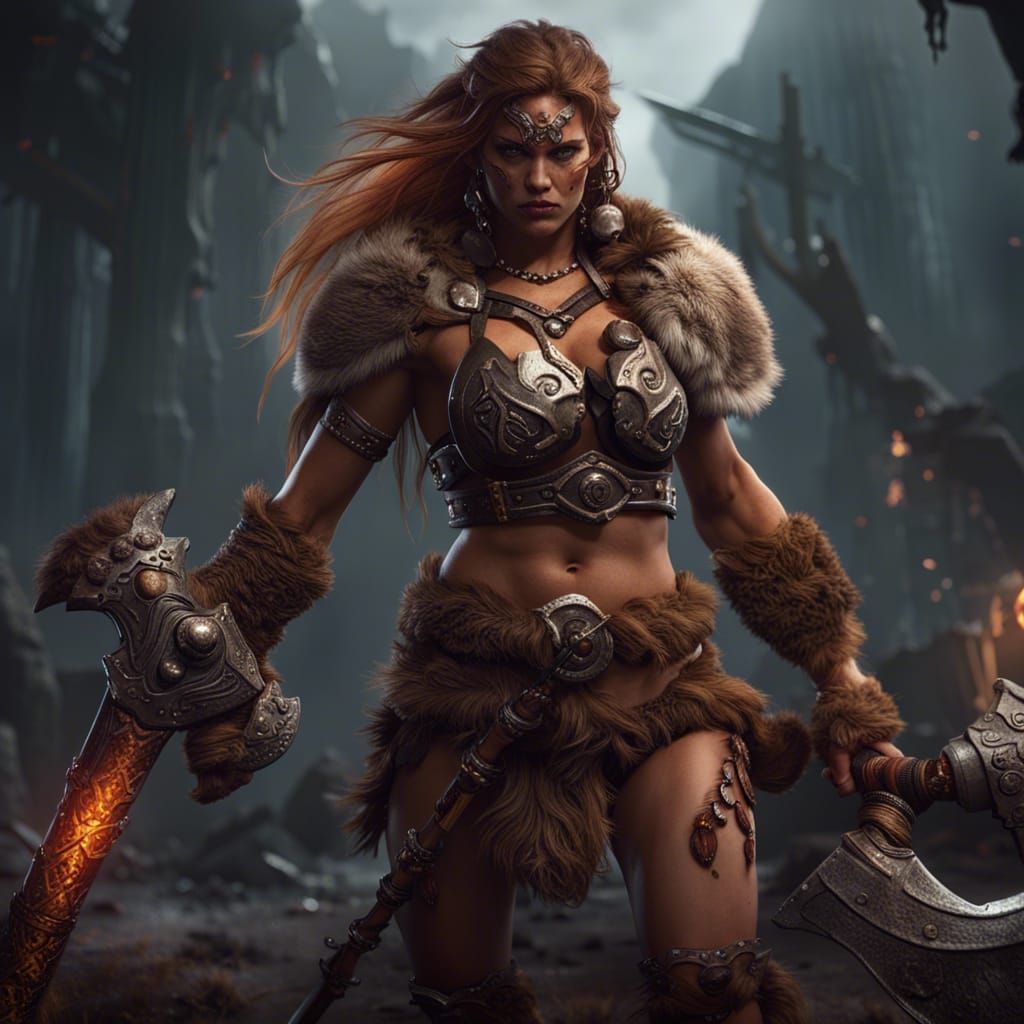 Beautiful Female Barbarian Warrior with Battle Axe
