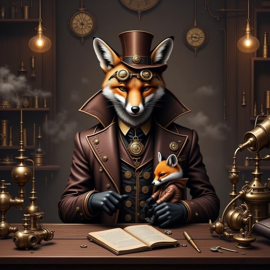 Steampunk Fox Doctor Examines Curious Fox Toddler in Victori...
