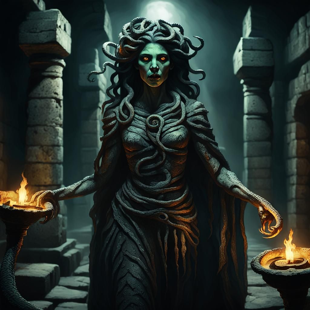 Medusa in Catacomb: Dark Fantasy Oil Painting