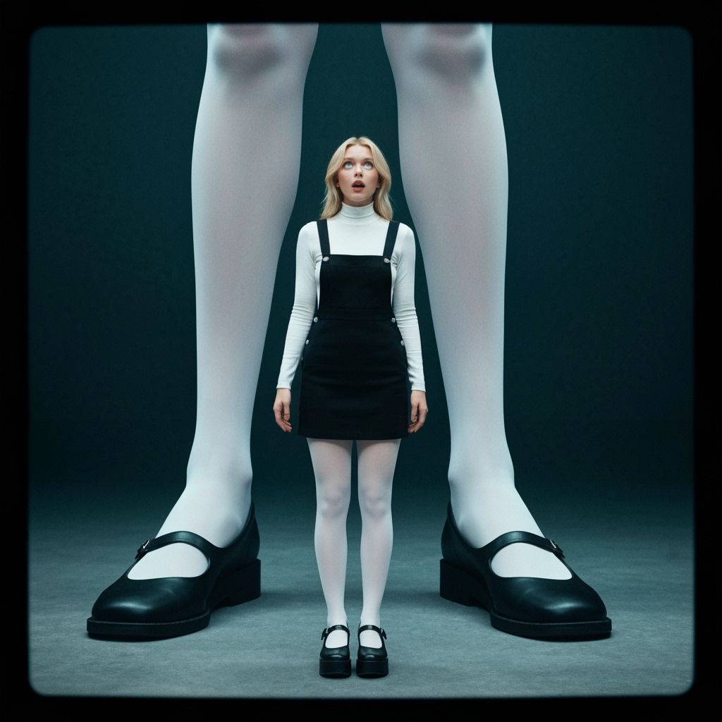 Woman Dwarfed by Giant Legs: Cinematic Film Still