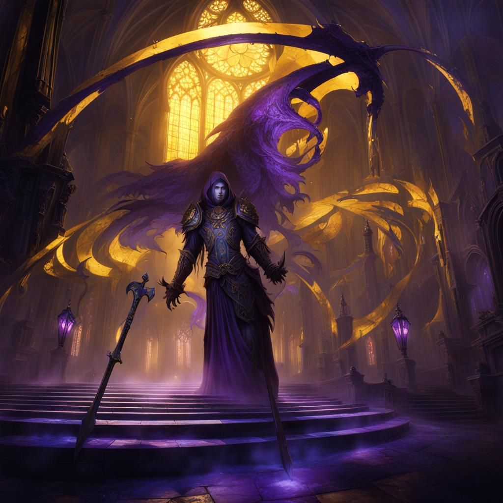 Dark Fantasy Scythe Creature in Misty Cathedral