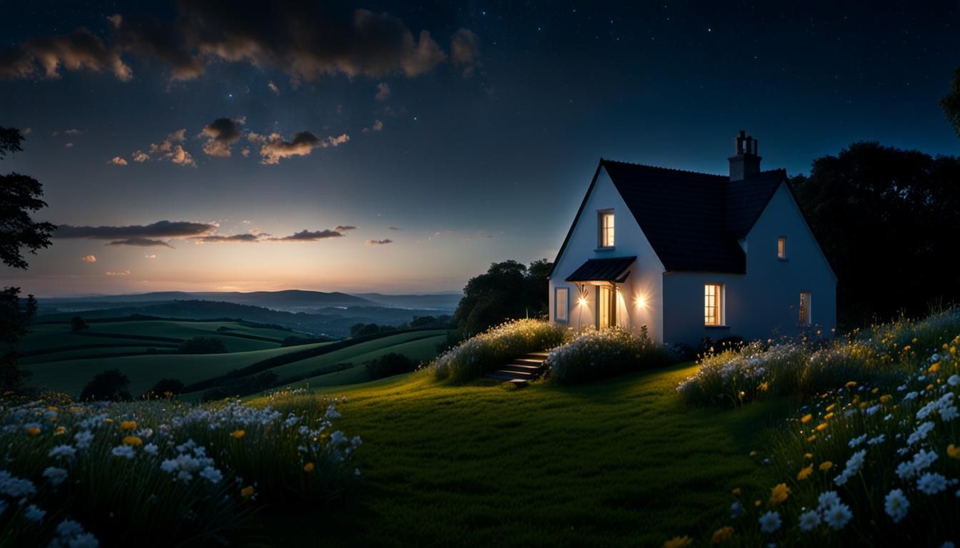 Hyperrealistic House on Hill Under Nebula Sky