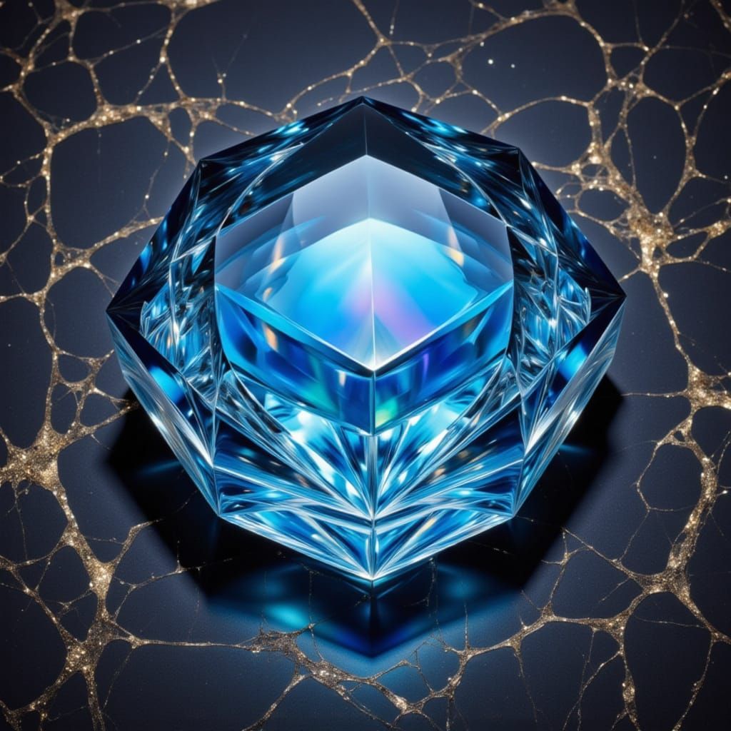 Surreal Cerulean Gemstone on Gold Veined Marble