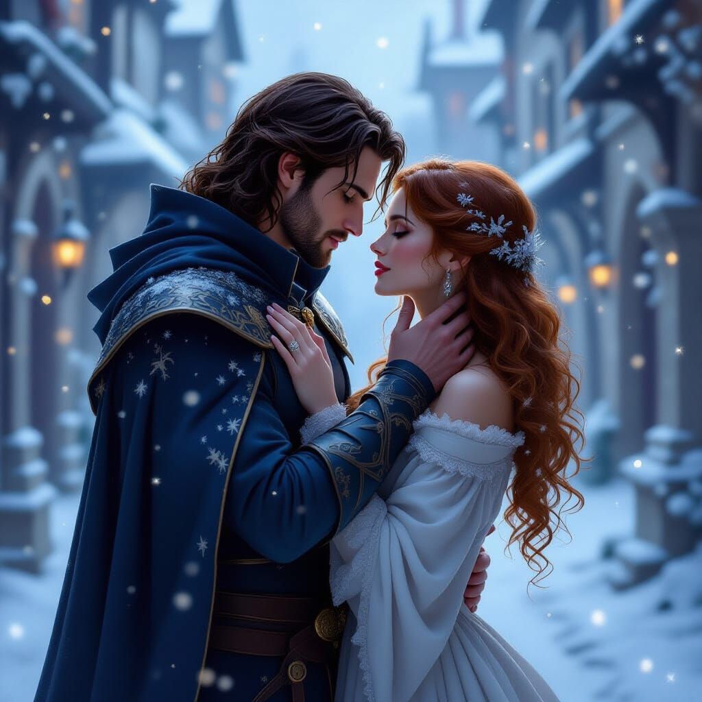 Knight's Longing Gaze in Magical Snow Courtyard