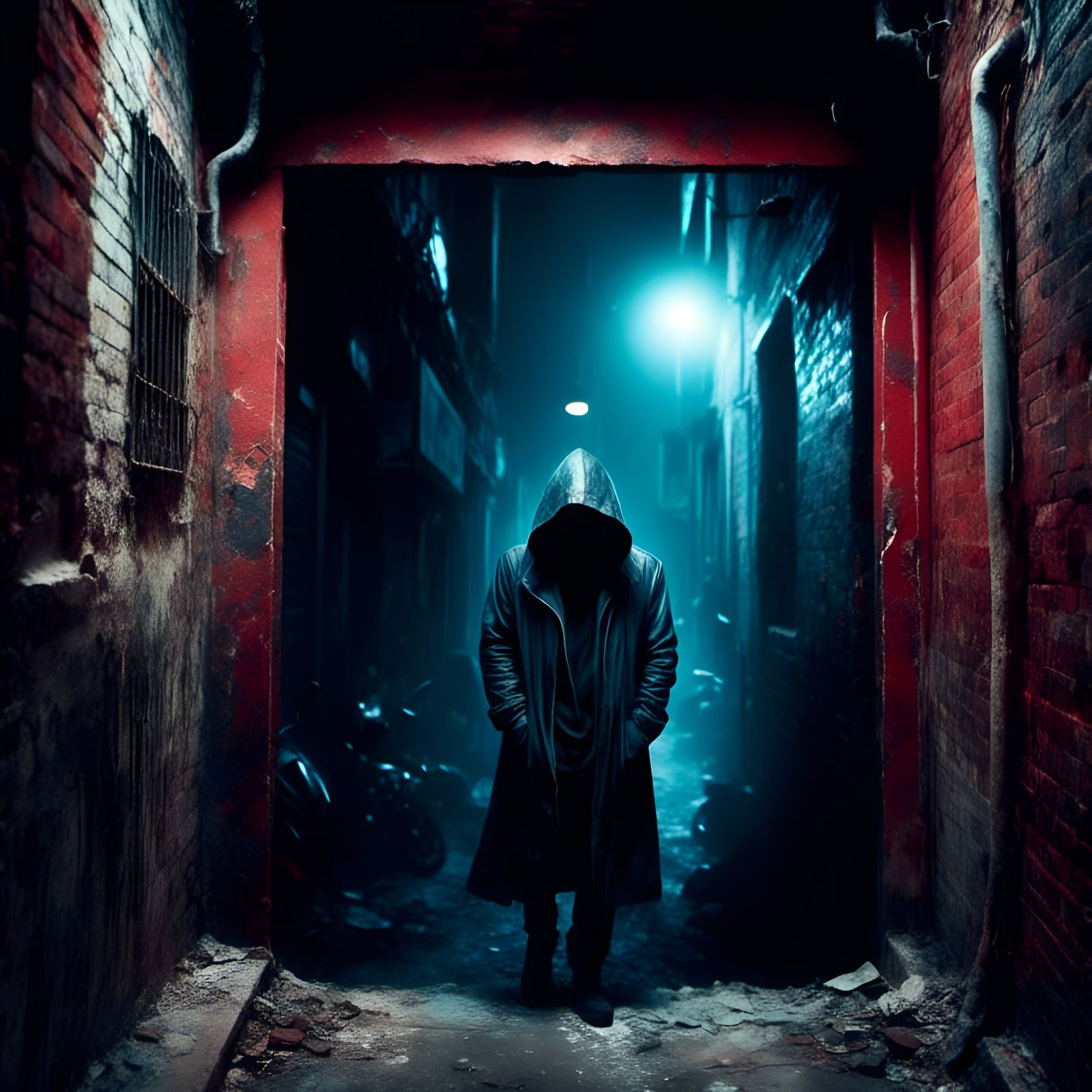 Mysterious Hooded Man in Dark Alley Portrait