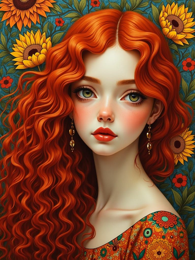 Portrait of Red-Haired Girl in Art Nouveau Style
