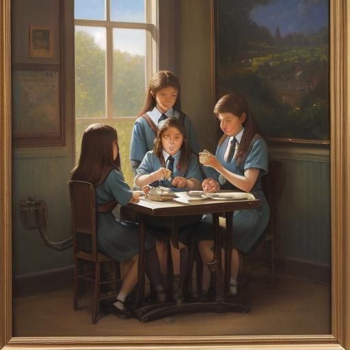 Girls at School in Oil Painting Style
