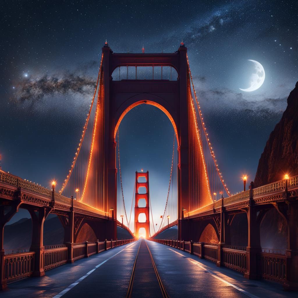 Golden Gate Bridge at Night in Fantasy Art Style