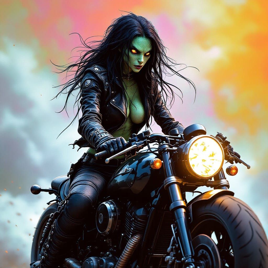 Reptilian Goddess Speeds Through Futuristic Landscape