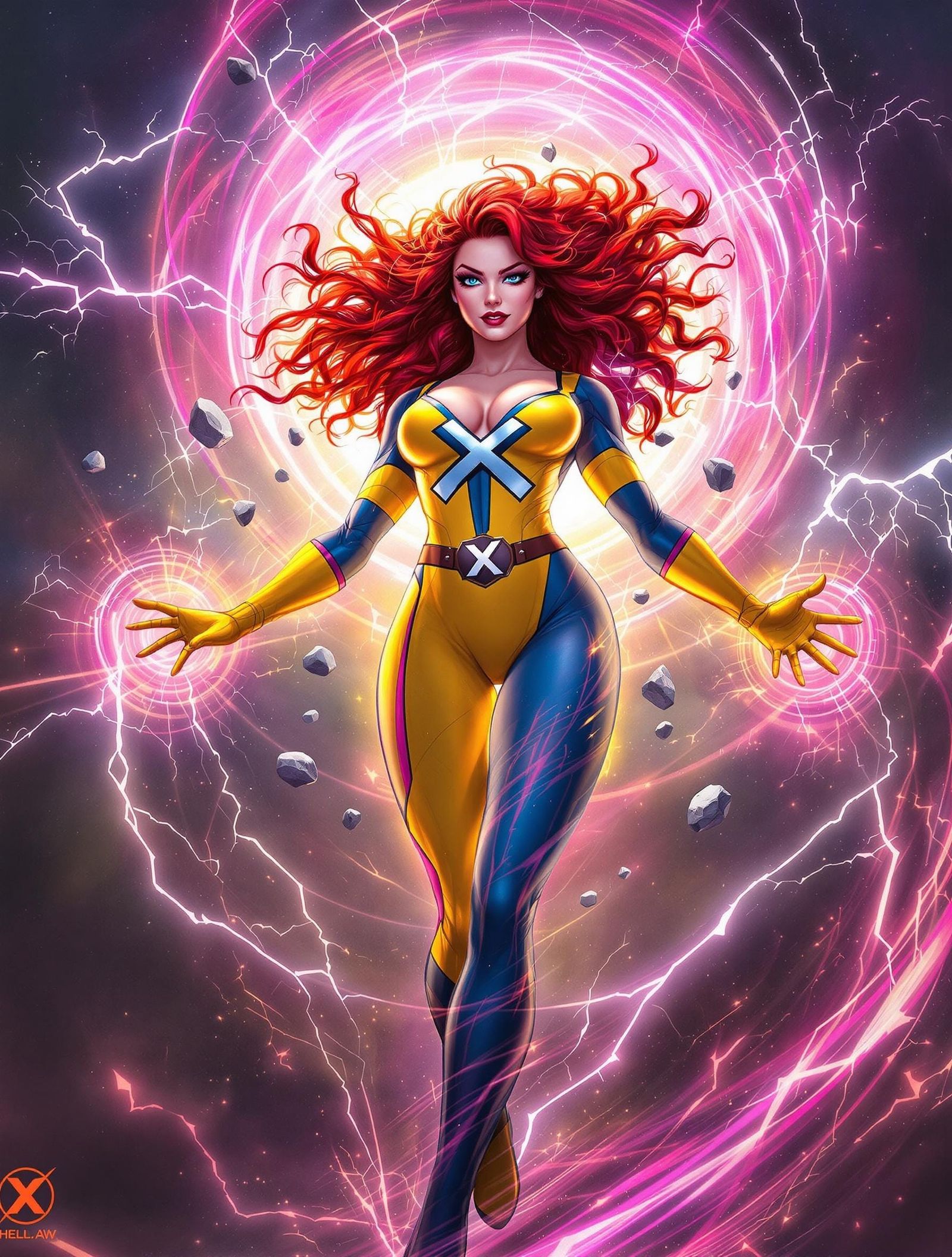 Superhero Jean Gray in Yellow and Blue X-Emblem Costume