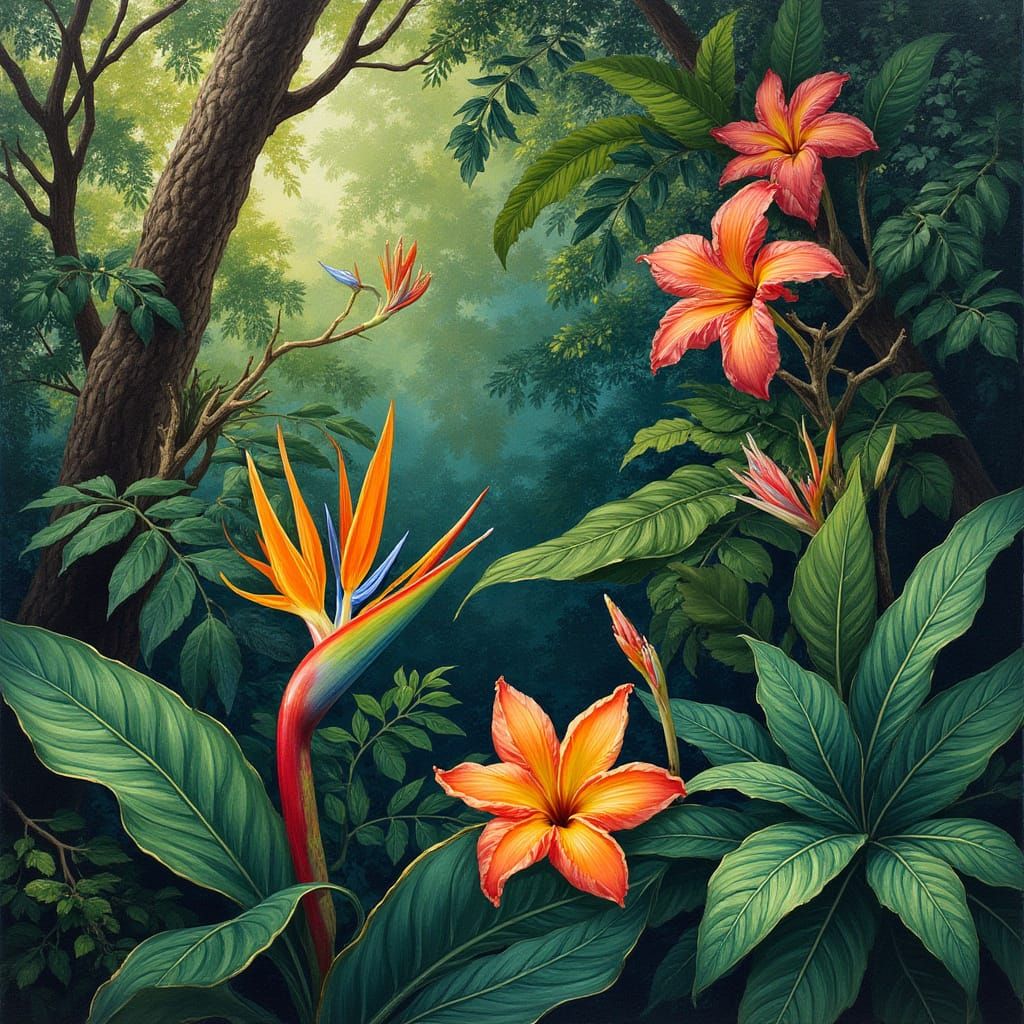 Lush Jungle Foliage in Impressionist Style