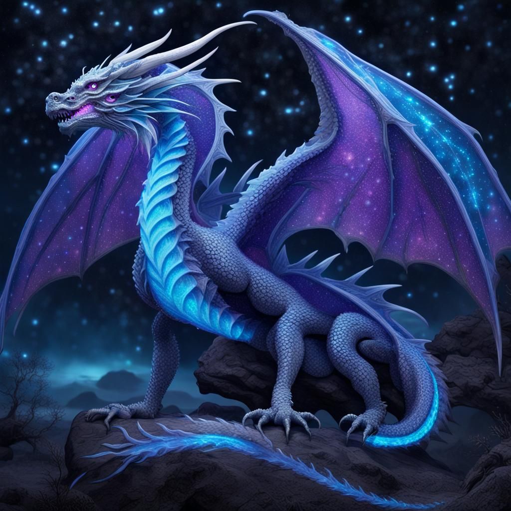 Neon Blue Dragon in Cosmic Sky