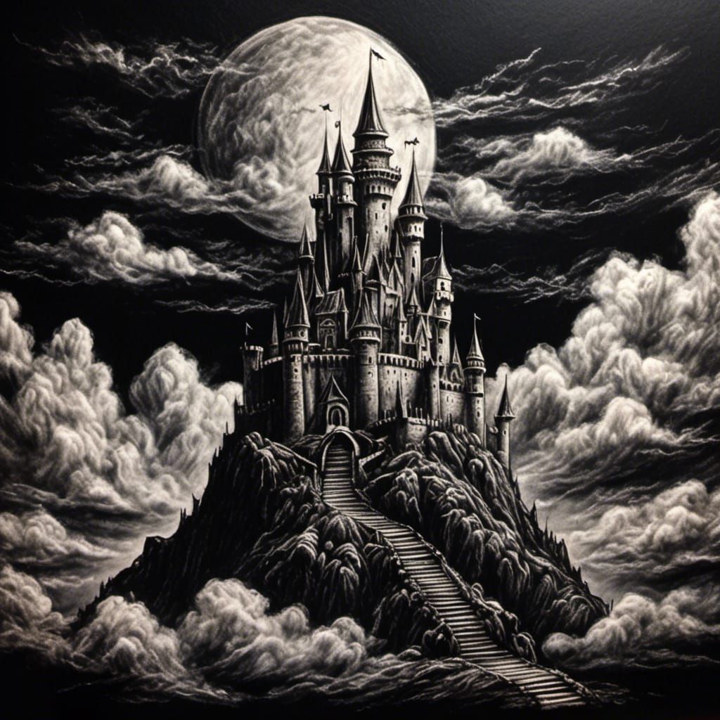 Fantasy Castle in Chalk on Black Paper