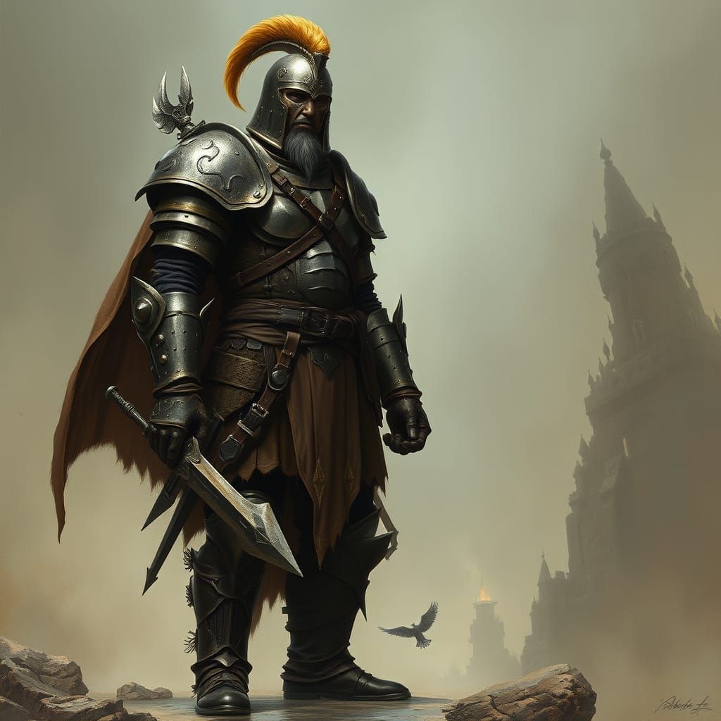 Armored Warrior in Mystical Dark Fantasy Landscape
