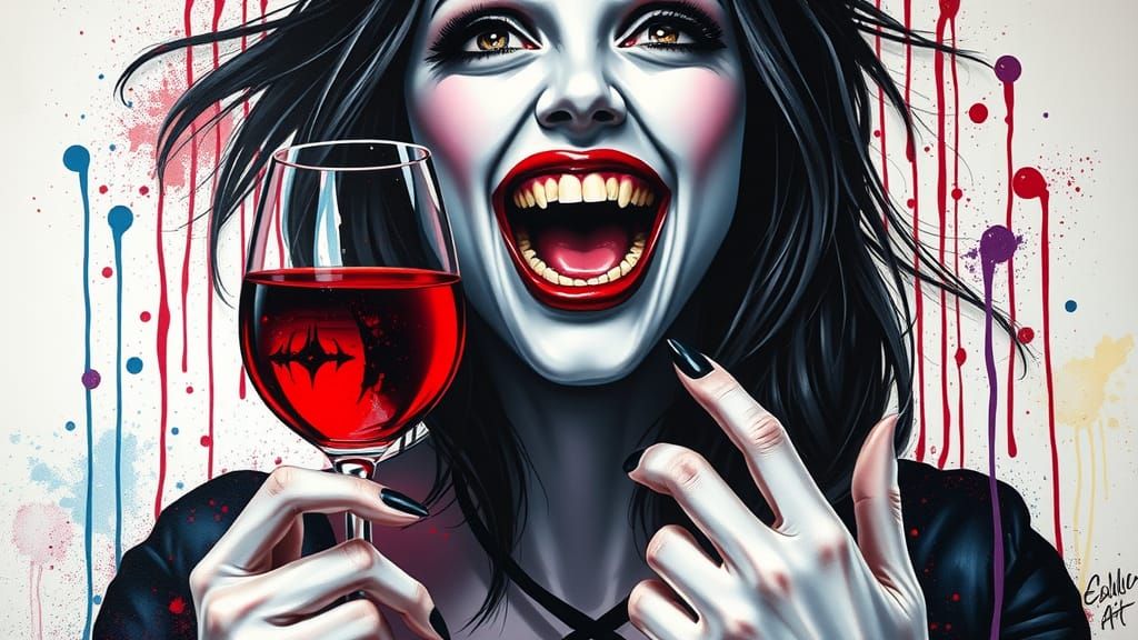 Elvira Portrait with Fangs in Street Art Style