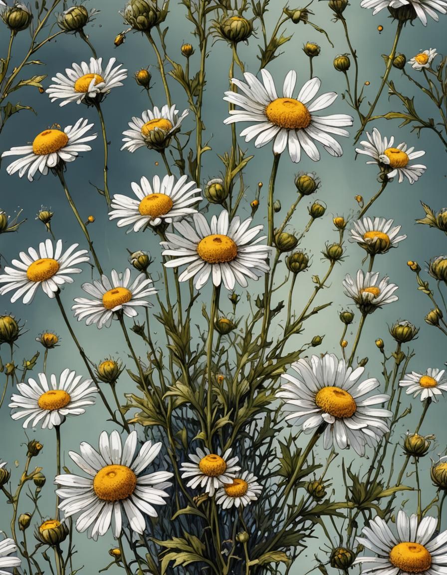 Detailed Botanical Ink Painting of Matricaria Chamomilla