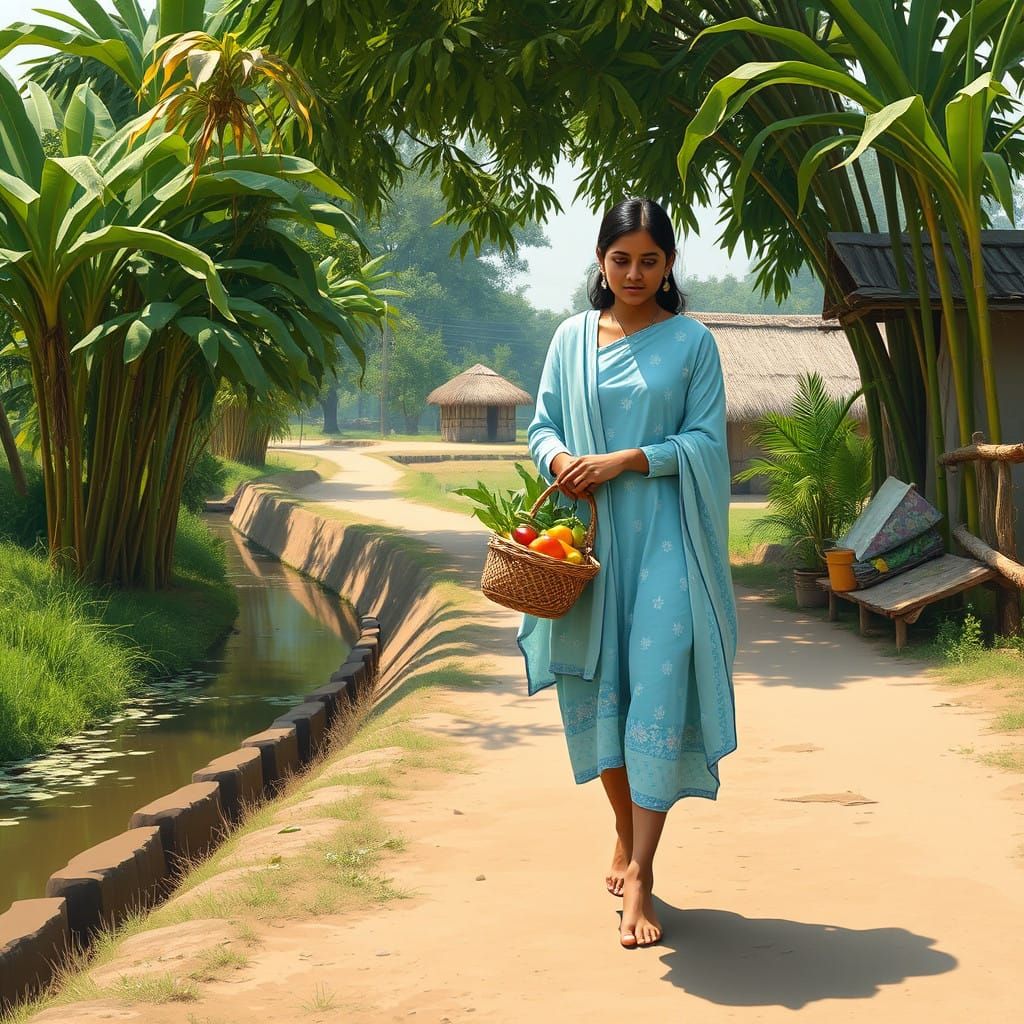 Serene Bangladeshi Girl Walking Through Quiet Rural Path on....